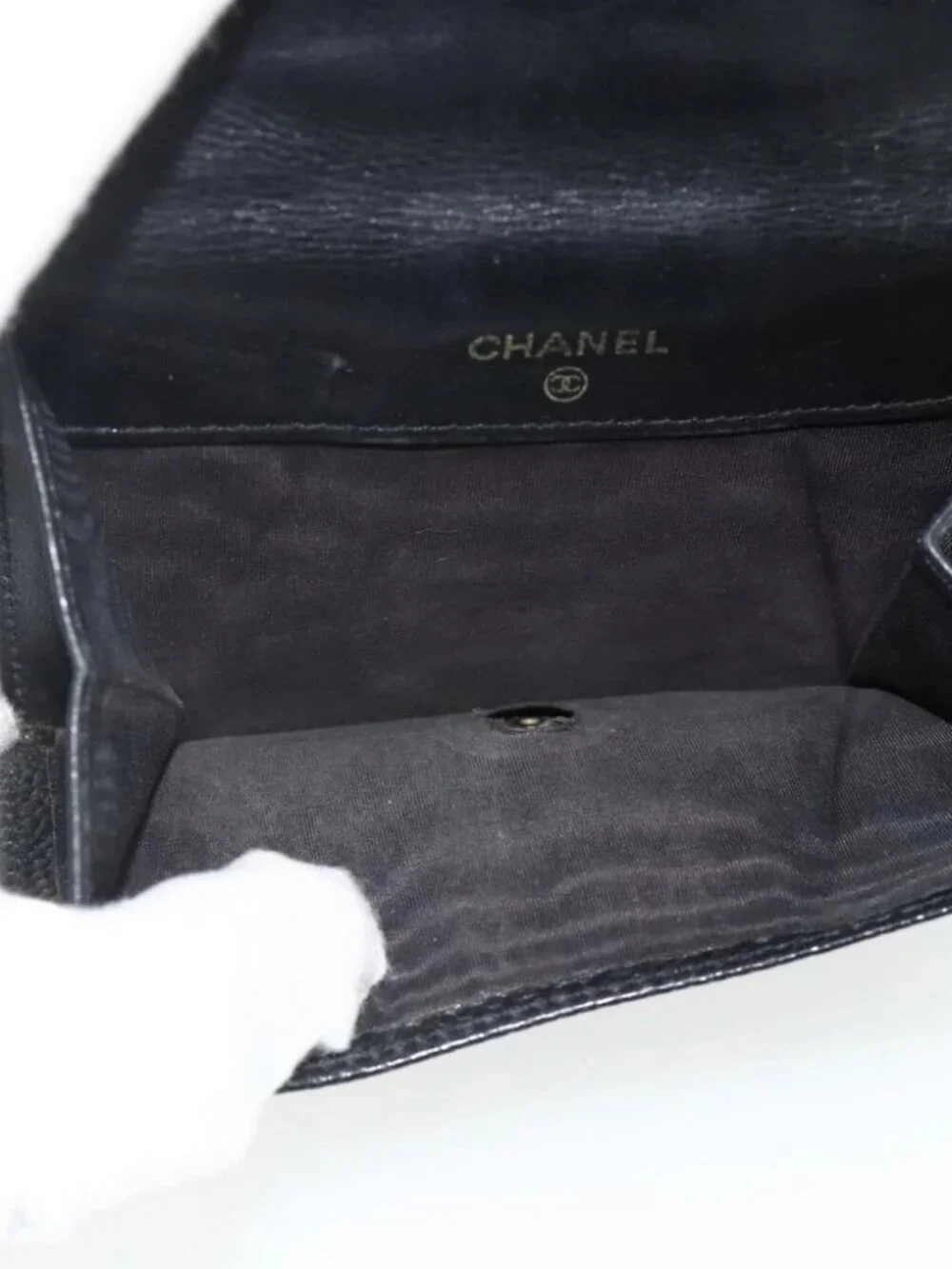 CHANEL Bifold Wallet Grained Calf Skin Black Gold CC Auth bs34761